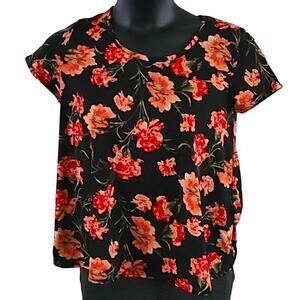 C’est La Vie Women’s Black Floral Short Sleeve Blouse - Size Petite Large NWT
